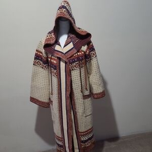 Sabra Wintuk Hooded Knit Maxi Cardigan Sweater Coat Boho Aztec